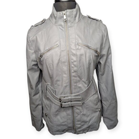 Last Kiss Faux Leather Chic Light Gray Belted Jacket Women's Size Large - Picture 1 of 14